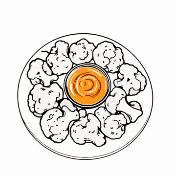 cauliflower bites with orange dip on plate clip art preview