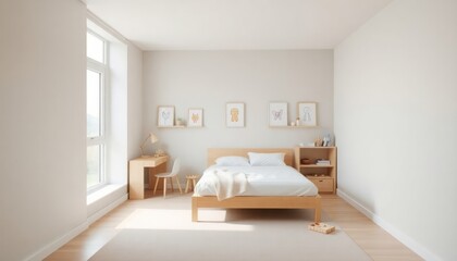 Fototapeta premium Minimalist Style - Children's Room Interior Design With Minimalist Concept - Hotel Room - Apartment Room Interior With Bed - Interior Design
