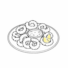 Fried Calamari Rings with Lemon and Aioli – Black Outline Vector Illustration