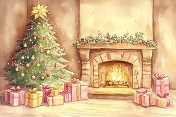 Cozy holiday scene with Christmas tree, fireplace, and gifts