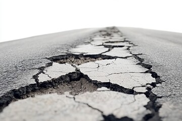 Obraz premium Cracked Asphalt Road with Visible Damage, Showing Signs of Erosion and Deformation Under Harsh Weather Conditions, Depicting Urban Decay and Environmental Impact