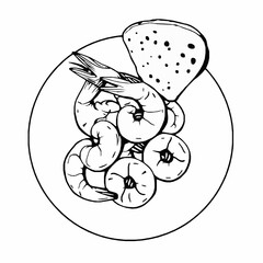 Garlic Shrimp with Crusty Bread – Black Outline Vector Illustration
