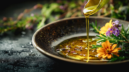 Elegant Olive Oil Poured from Bowl onto Plate Creating a Rich and Glossy Surface with a Warm and Inviting Ambiance