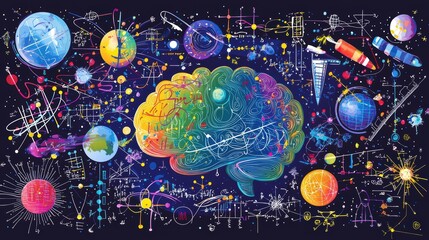 Colorful Brain Illustration with Planets and Scientific Elements