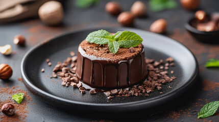 Delicious Hazelnut Ganache Chocolate Mousse with Mint Garnish and Hazelnuts on Elegant Food Menu Background