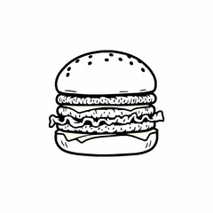 Hamburger with Bun, Lettuce, Cheese, and Patty &ndash; Black Outline Vector Illustration