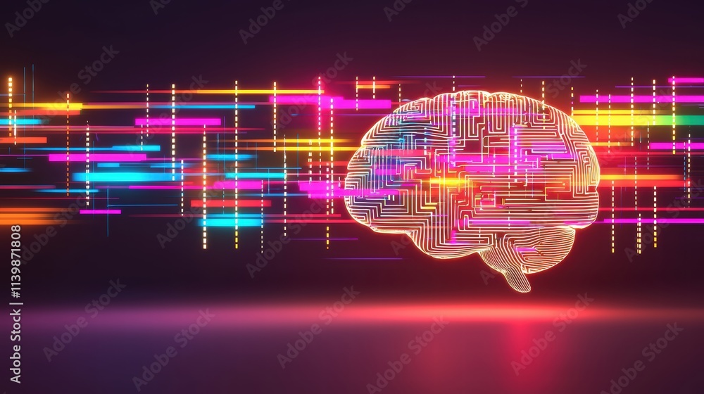 Poster futuristic brain with vibrant circuit patterns and light trails