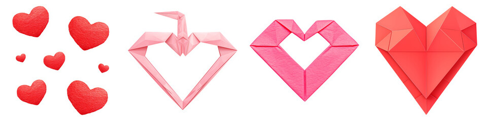 Valentines clipart concept. Origami hearts in various designs and colors on Transparent background.