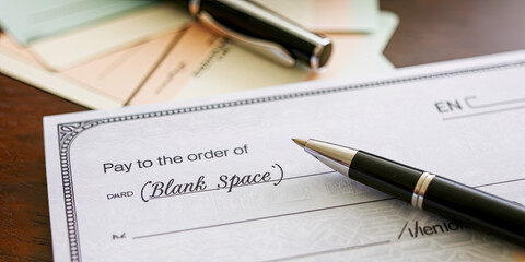 Blank Check and Pen on Desk Finance Banking Payment