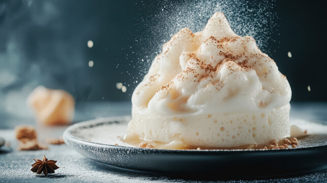 Frozen pearl espuma dessert gourmet food photography plate with artistic presentation culinary delights