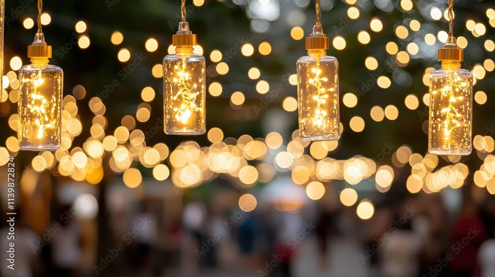 Poster magical bottles with twinkling lights hanging in a festive setting
