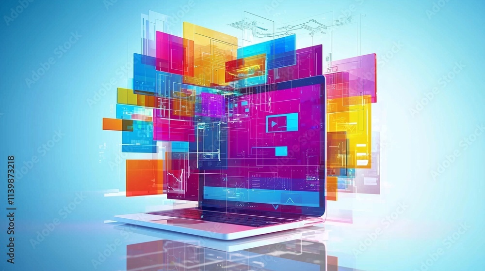 Poster colorful digital interface layers emerging from a laptop, symbolizing dynamic web development and de