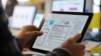 Tablet displaying website wireframe, symbolizing responsive design for web and mobile.