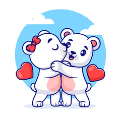 Cute couple polar bear hugging and one has a heart cartoon vector icon illustration