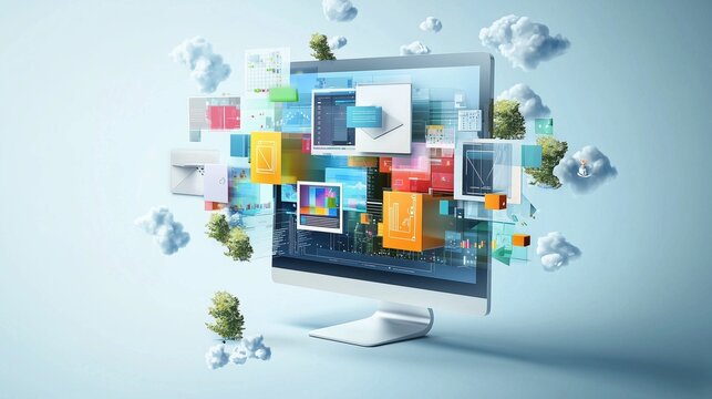 A computer screen with floating ui elements symbolizes dynamic, responsive design.