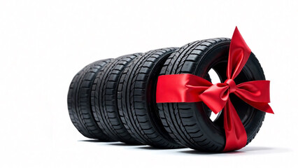Four tires in line, one is in red ribbon as a gift, png. isolated background. Copy space. Auto industry promotion, "one tire for free"