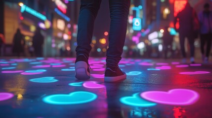 Fototapeta premium a man standing amidst trippy city lights. Neon reflections cast dynamic patterns on the ground