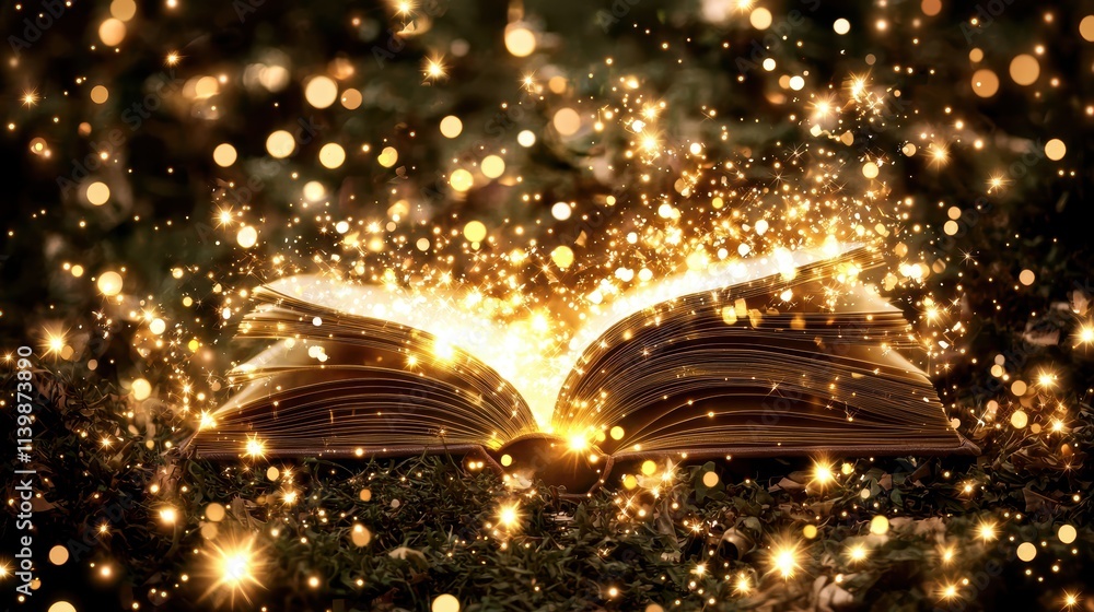 Poster enchanted open book with sparkling lights in dreamy forest setting