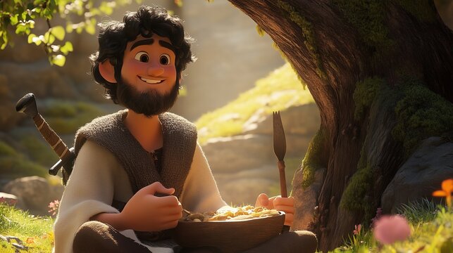 David and Jonathan sit under a large tree, laughing and sharing a meal.