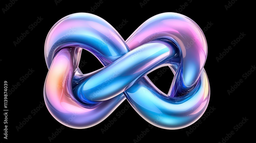 Poster abstract infinity loop chrome purple blue 3d render glowing shiny knot design elem