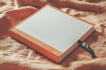 Blank book on textured fabric background, warmth conveyed