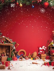 Christmas Themed Background with Santa&rsquo;s Workshop, Festive Decorations, and Colorful Gifts, Perfect for Holiday Greetings and Seasonal Marketing Materials