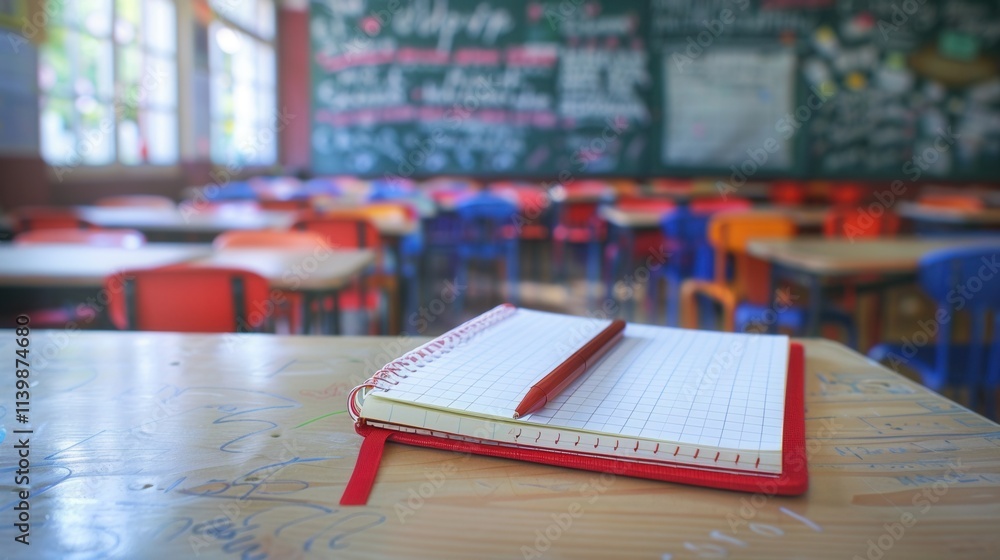 Poster Classroom setting with empty desks and a notebook on the table during school hours. Generative AI
