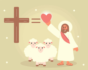 Jesus Christ with heart in his hand and cute sheep near Him. Concept of God offering His love to people. Concept of Easter