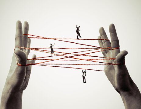 People balance on tightly stretched ropes. Art collage.