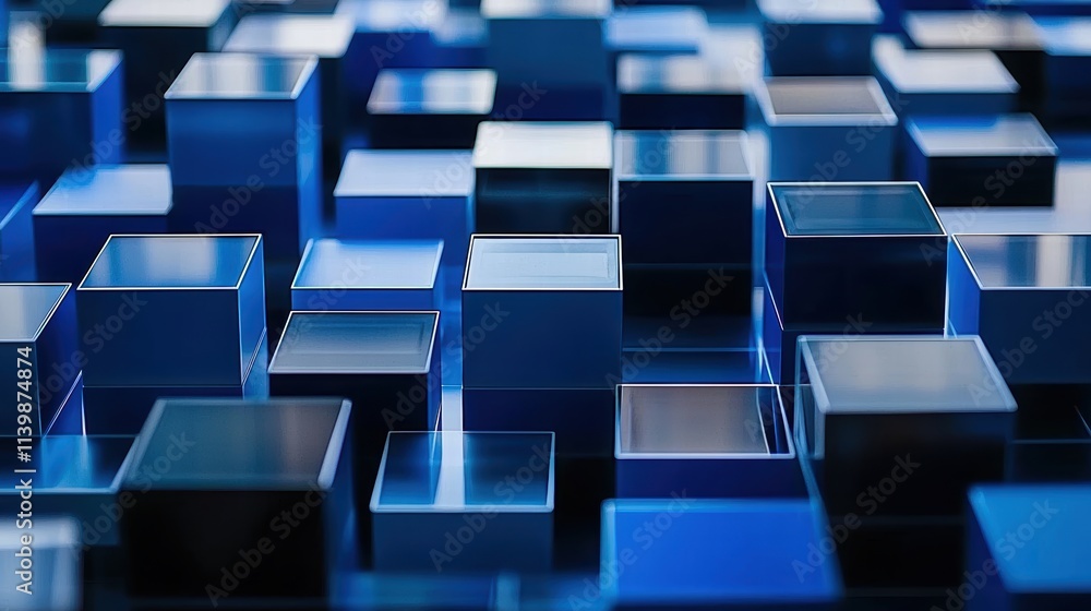 Poster abstract blue glass cubes in a dynamic pattern on a surface