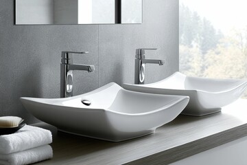 Fototapeta premium Modern double sinks, chrome faucets, textured countertop.