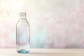 Obraz premium Empty glass bottle on wooden surface with pastel backdrop