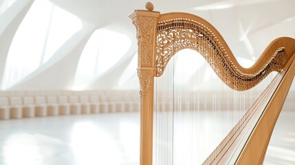 Elegant harp in bright hall with copy space