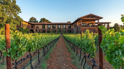A scenic vineyard estate with endless rows of grapevines stretching toward a rustic winery building. The golden sunset light creates a peaceful, idyllic atmosphere symbolizing wine production, 