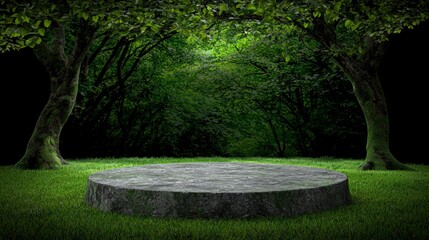 Fototapeta premium Stone Podium in Lush Green Forest Nature Product Display Mockup