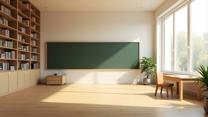 Modern classroom interior with chairs, and large whiteboard