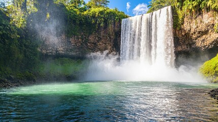 A secluded tropical waterfall surrounded by lush, green rainforest vegetation. Mist rises from the cascading water, creating a magical, serene environment ideal for nature, adventure, and travel 