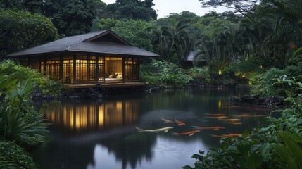 A serene Japanese tea house overlooking a tranquil koi pond surrounded by lush greenery. The peaceful retreat reflects tradition, mindfulness, and cultural elegance. 