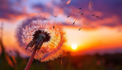 A dandelion with seeds blowing away against a colorful sunset sky.