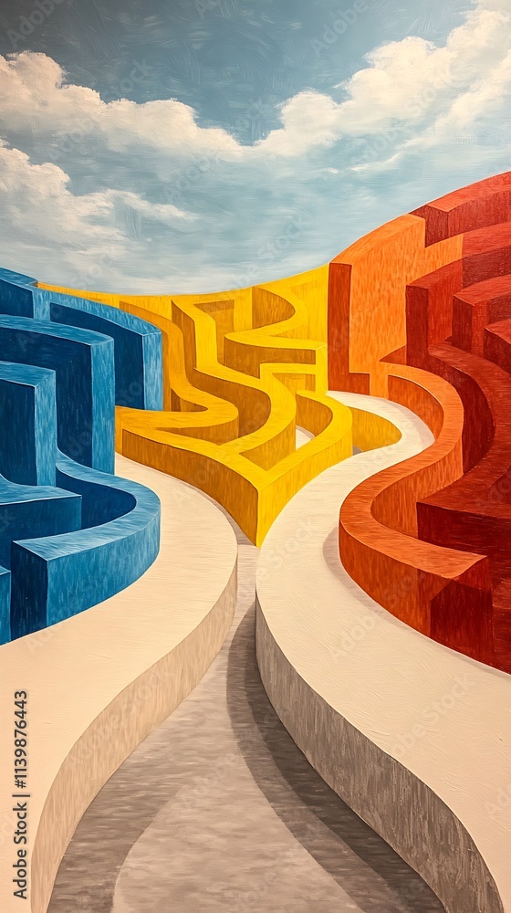 Poster opposition in abstract art, abstract maze with sharp angular lines in bold colors