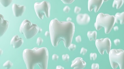 A captivating visual features numerous white, cartoon-like teeth suspended in mid-air, set against a soothing turquoise backdrop, evoking a lighthearted approach to dental care and hygiene.
