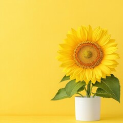 Obraz premium Vibrant Sunflower in Pot Yellow Background Summer Bloom Nature Photography