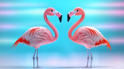 Obraz premium Two Pink Flamingos Facing Each Other Tropical Birds Watercolor Style Cute Feathers