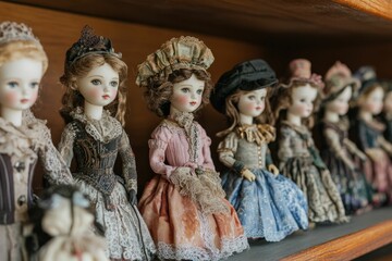 Obraz premium Antique dolls in vintage dresses, shelf display.