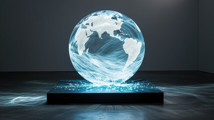 Glass sphere map with abstract light trails and global hubs