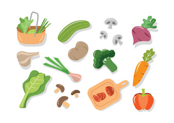 Collection of vegetables. Healthy food. Fresh vegetables. Cucumber. Mushroom. Potato. Tomato. Garlic. Carrot. Paprika. Cassava. Mustard.