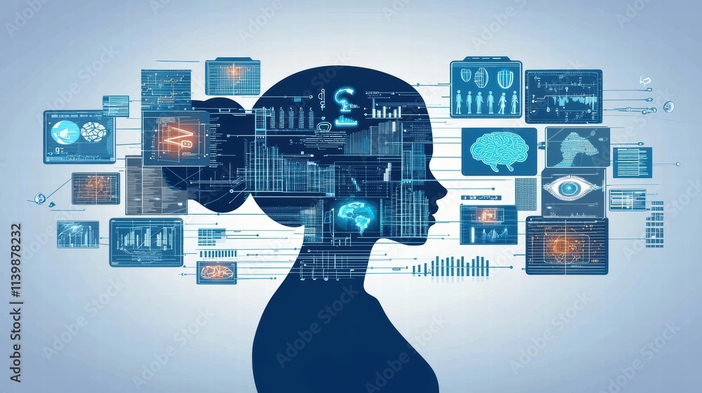 Poster abstract profile of woman with digital data visualization elements