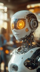 Fototapeta premium Ai robot professor in hightech classroom with holographic projections