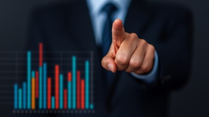Realistic scene of a business leader pointing at a marketing solution chart, high-resolution details in a professional setting.