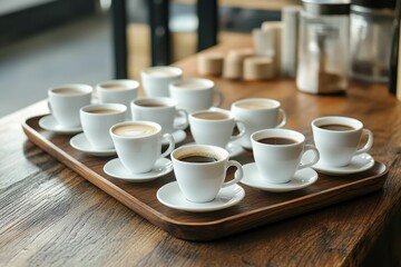 Wooden tray holds many cups of coffee.